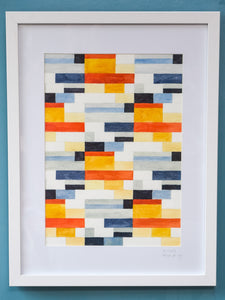 Watercolour design with blocks of blues and yellow rectangles.  With white mount and frame.